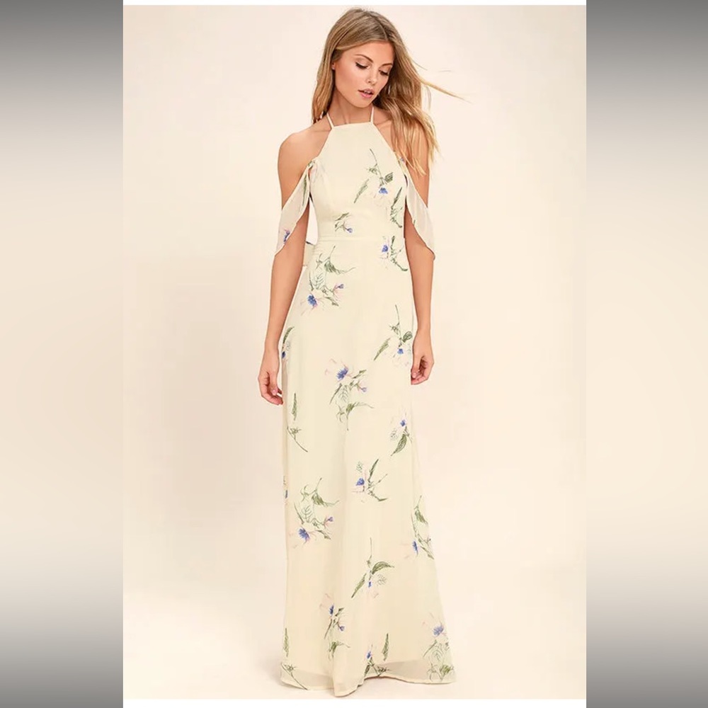 Lulu’s Tuned In Light Beige Floral Print Maxi Dress